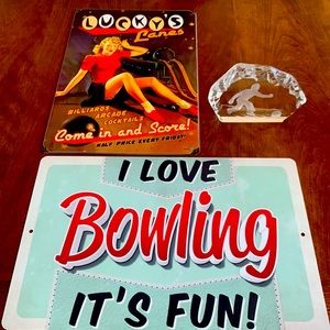 Bowler trio-2 metal vintage signs, crystal bowler